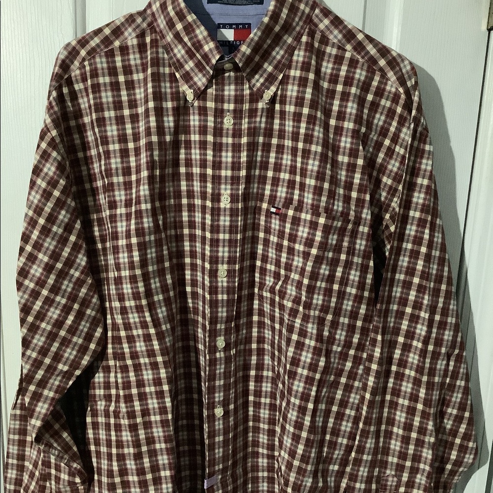 Tommy Hilfiger - Red plaid button down dress casual shirt.  Men’s Large